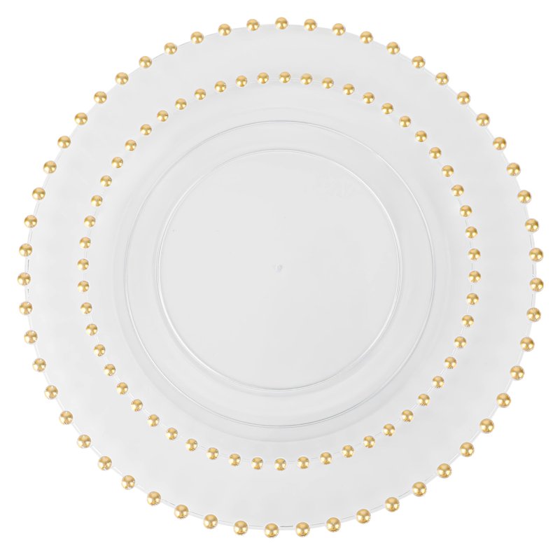PLASTICPRO 32 Piece Combo Plastic Dinner Plates Disposable Plastic Fancy Heavy Duty Party Dishes 7 inch and 10 inch, Clear and Gold Beaded