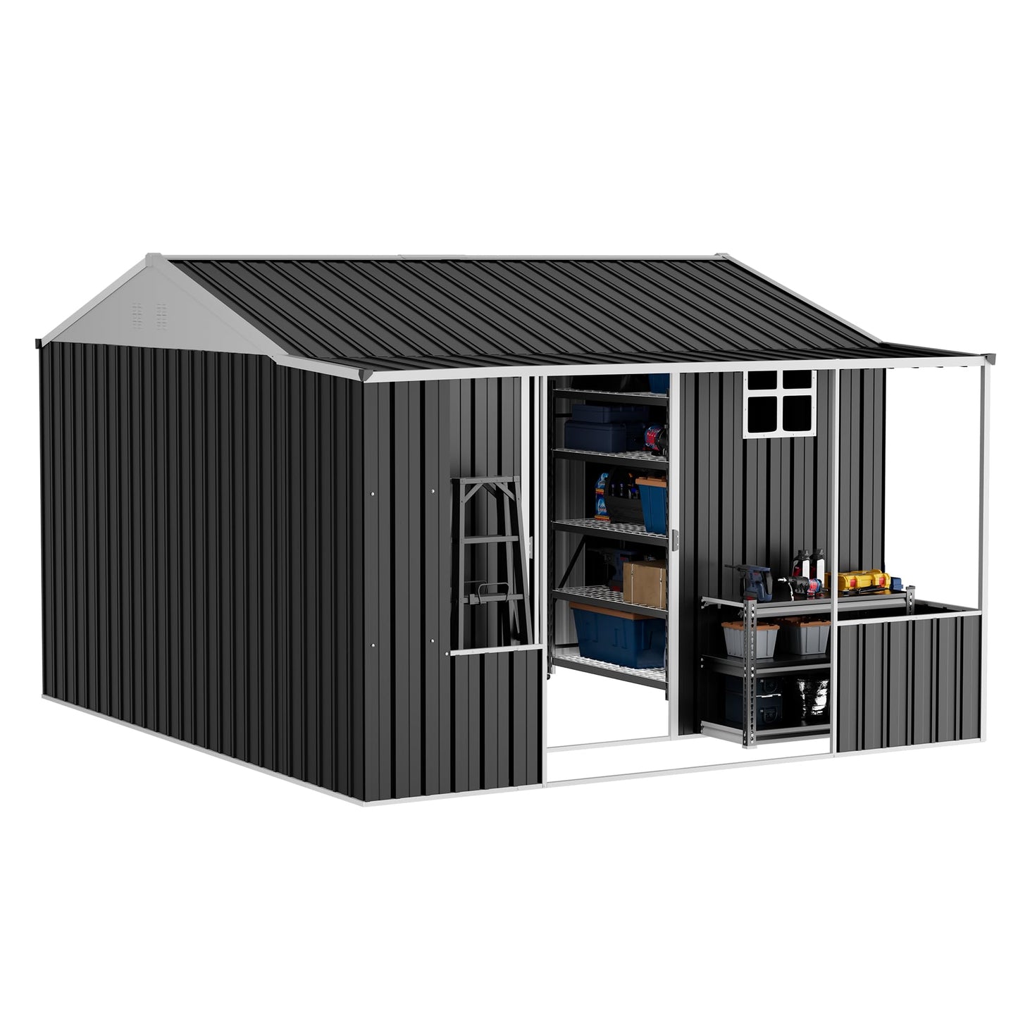 VanAcc 10×10.5×7 FT Metal Storage Shed, Dual-Zone Tool Shed with Work Area, Reinforced Frame, Gable Roof, Ventilated Design, Dark Grey
