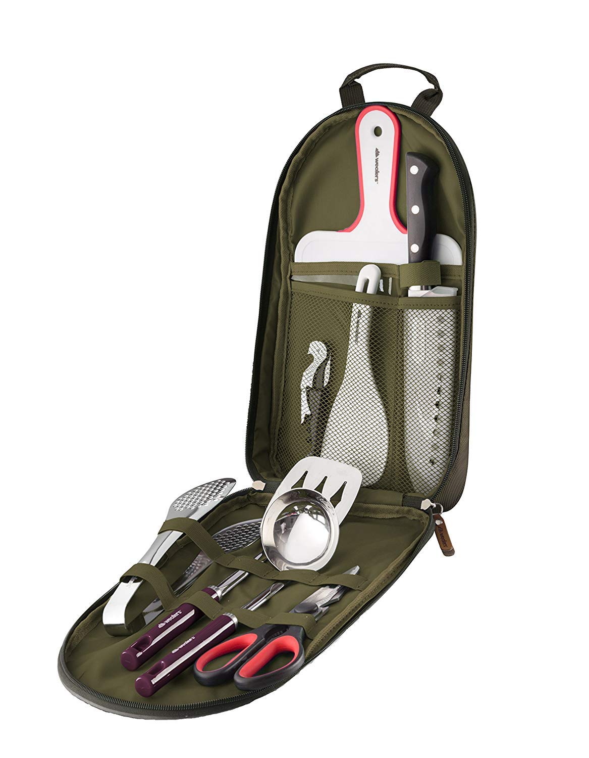 Wealers 12 Piece Camp Kitchen Cooking Utensil Set Travel Organizer Grill Accessories Portable Compact Gear for Backpacking BBQ Camping Hiking Travel Cookware Kit Water Resistant Case (Green)