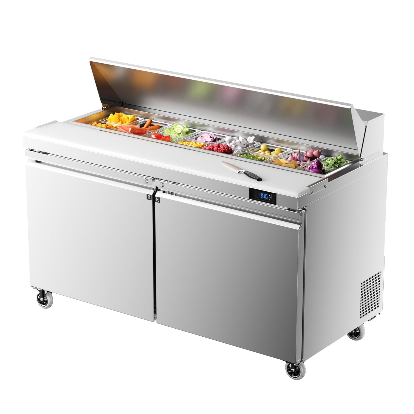 Coolake 60" W 2 Door Commercial Refrigerator Salad Sandwich Prep Table, Stainless Steel 18 Cu.ft Counter Fan Cooling Refrigerator with 16 Pans Restaurant Bar Food Truck, ETL DOE