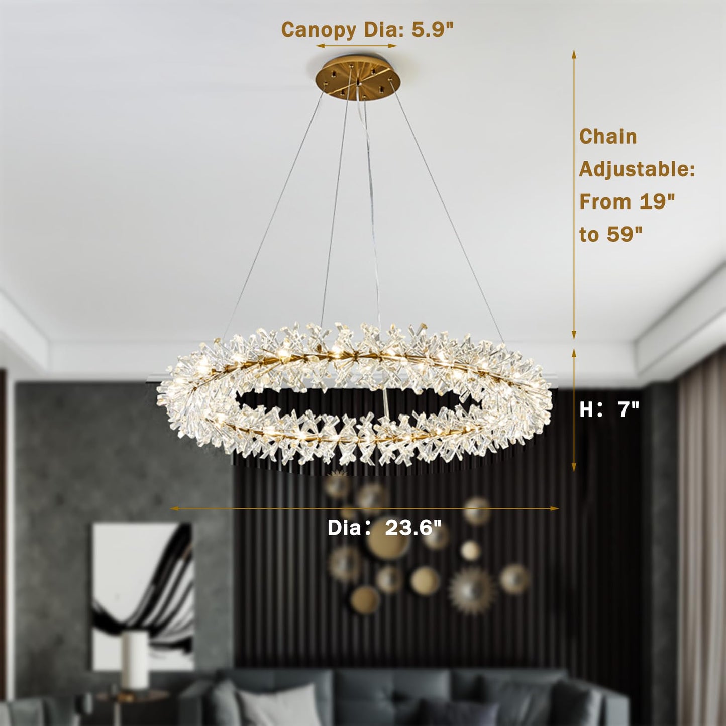 Axamate Modern Crystal Chandeliers D24 Gold Ring Chandelier Light Fixture Adjustable Hanging Ceiling Light for Living Room Bedroom Dining Room Laundry Room Foyer Kitchen Island