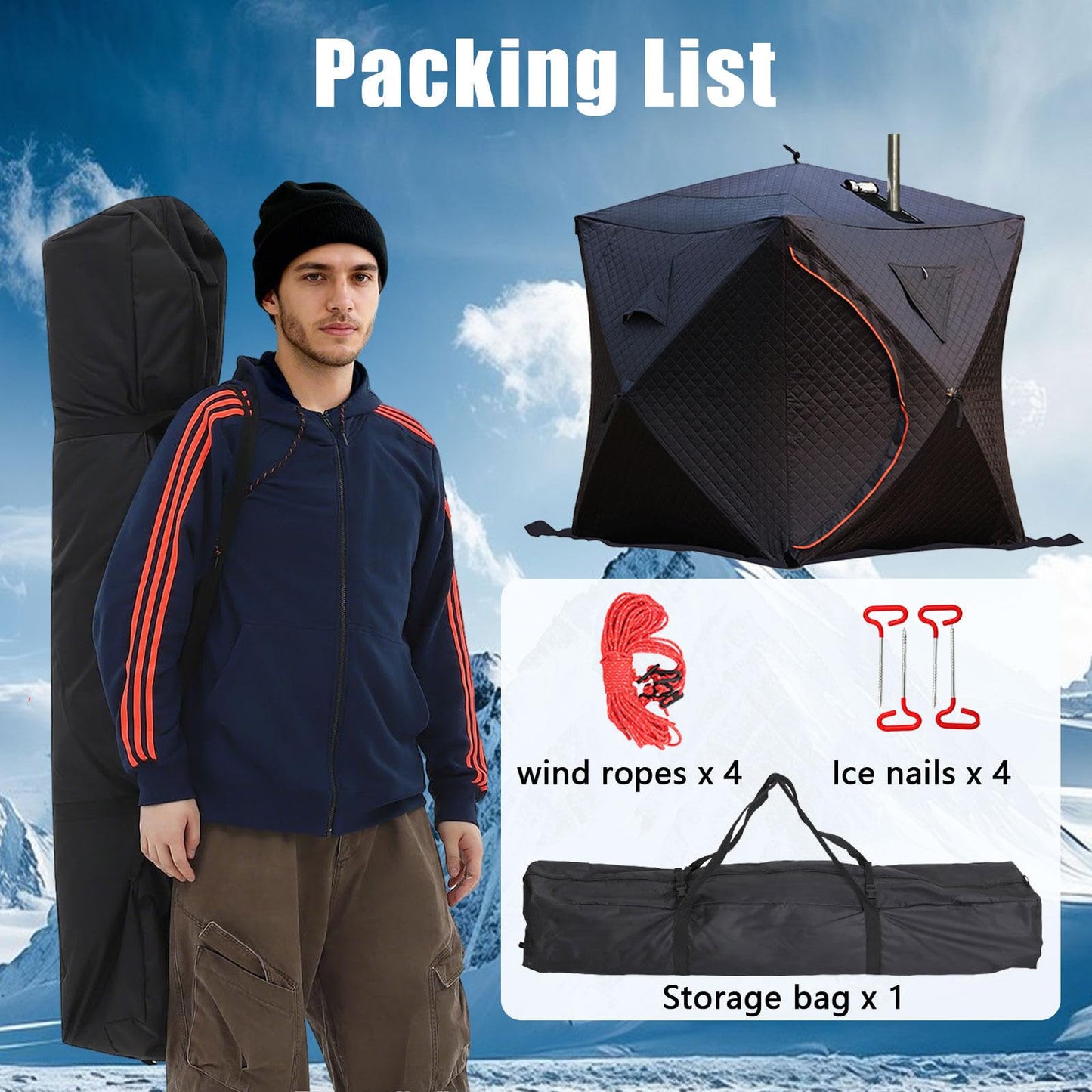 WACLMOTAKE Outdoor Sauna Tent Pro, Portable 4 Person Ice Fishing Tent 3-Layer Insulated Ice Fishing Shelter with 210D Oxford Fabric, All-Weather, Insulated, Solid, Panoramic View ice-Fishing-1.8m