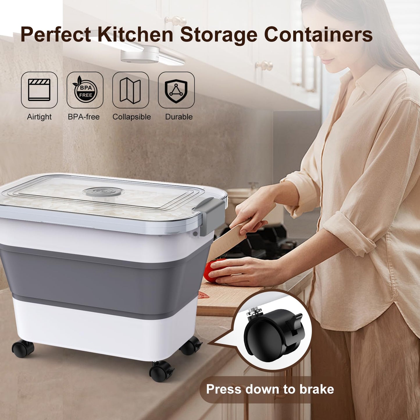 Rice Storage Container, Collapsible Airtight Food Storage Containers 20-30lbs with Clear Lid and Wheels, Rice Dispenser with Scoop for Flour Cereal Pasta Grain, Cat Pet Bird Dog Food Storage Container
