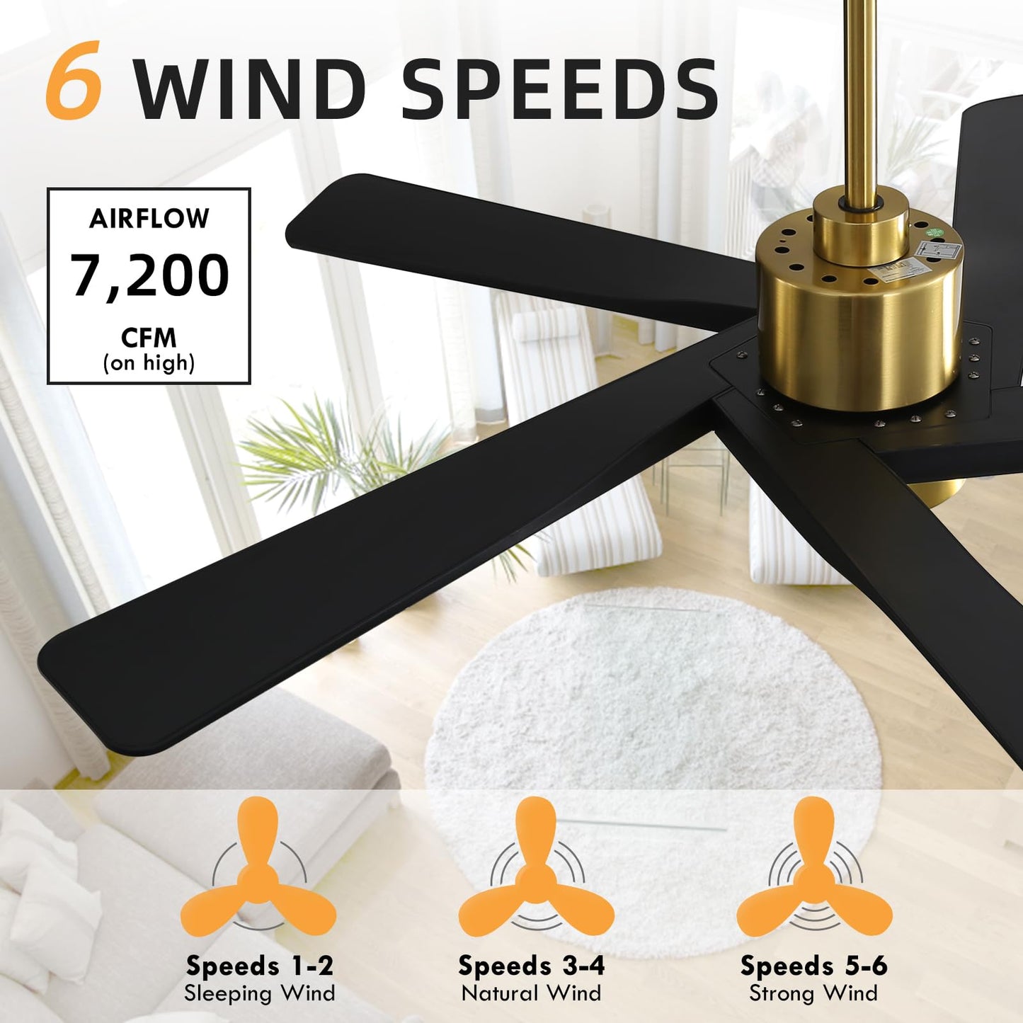 WINGBO 64" ABS DC Ceiling Fan with Lights, 5 Blade ABS Plastic Ceiling Fan with Remote, 6-Speed Reversible DC Motor, LED Ceiling Fans for Kitchen Bedroom Living Room, Brass and Matte Black