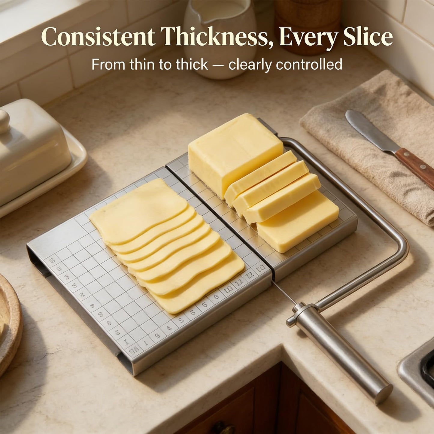 MOCCOOL Wire Cheese Slicer with Measuring Board, Adjustable Tension Control, Stainless Steel Wire Cutter for Butter and Cheese, Heavy-Duty Design