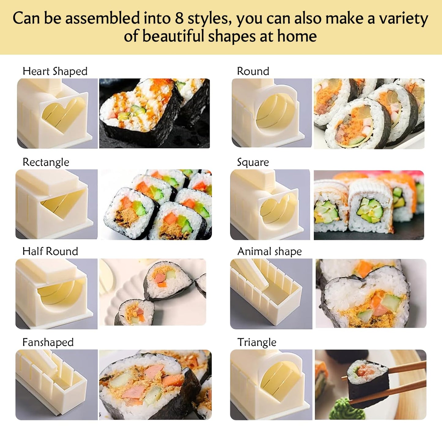 XPAPOV Sushi Making Kit, Sushi Maker 10 Pcs Plastic Sushi Tool Set Sushi Rice Roll Mold Shapes, DIY Sushi Roller Tool for Home (Beige)