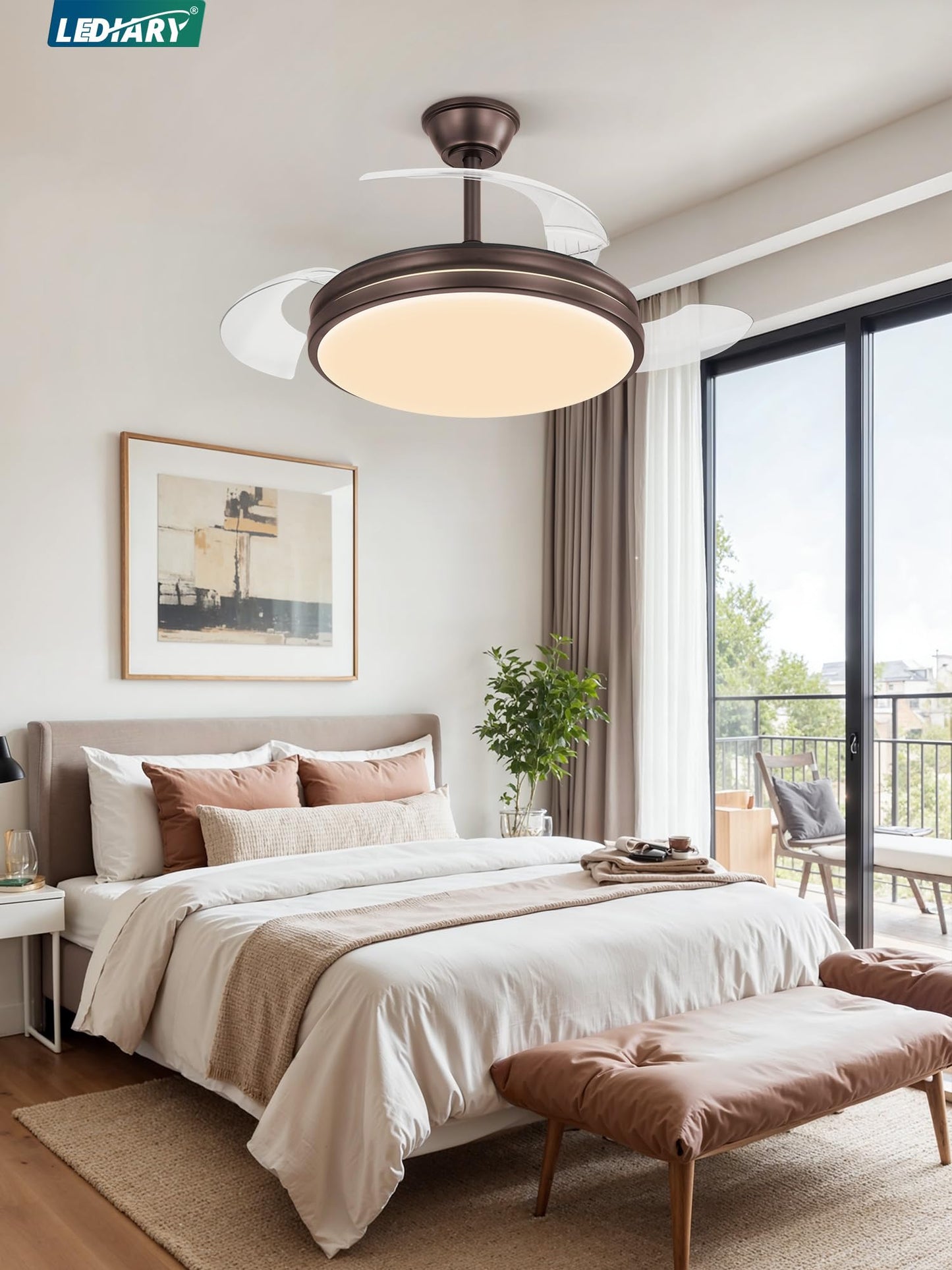 LEDIARY Retractable Ceiling Fan with Lights and Remote & APP Control, 42 Inch Fandelier Ceiling Fan with Light, 6 Speed Dimmable Reversible Memory, Modern Silent Smart Fan for Bedroom Living Room