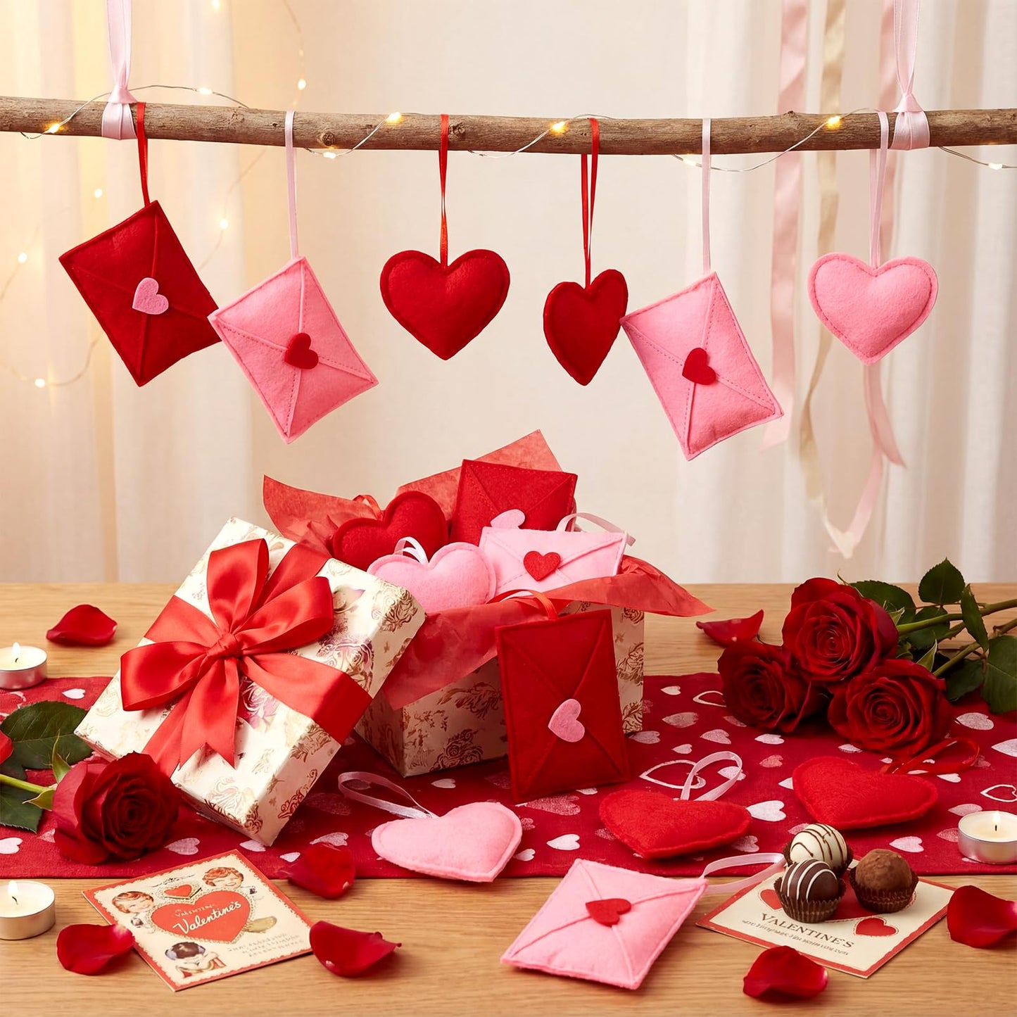 HunnmingRe 24 Pcs Valentine's Day Felt Heart and Envelope Ornaments, Red and Pink Hanging Heart Shaped Baubles for Valentines Day Tree Decor, Wedding, Anniversary, Party Decor, DIY Crafts