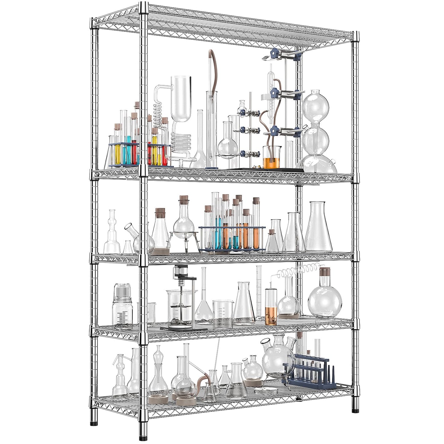IZEUK 4250 LBS Garage Shelving Wide Storage Shelves 5 Tier Metal Shelves Heavy Duty Adjustable Utility Shelf Rack Chrome 17.7" D x 47.2" W x 70.4" H