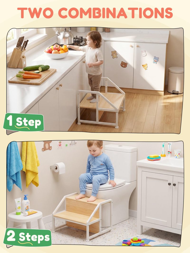 VBABY Toddler Step Stool for Kids, 2-in-1 Convertible Step Stool, Non-Slip Kids Potty Training Stool, Sturdy Wooden Step Stool for Bathroom, Kitchen & Sink
