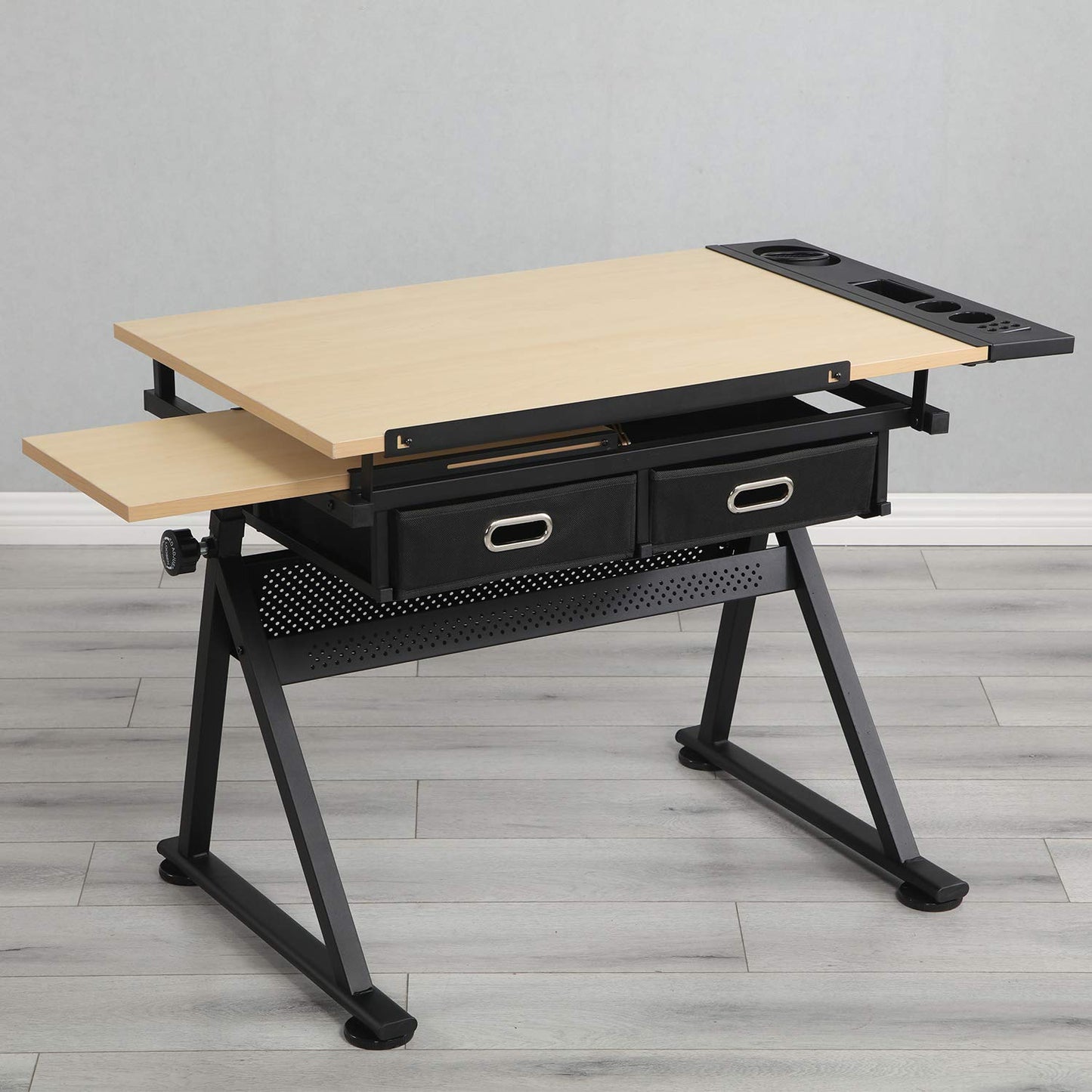 4everwinner Height Adjustable Drafting Desk Drawing Table Tiltable Tabletop with Stool and 2 Storage Drawer for Reading, Folding Draft Table Painting Writing Art Craft Desk Work Station (Wood)