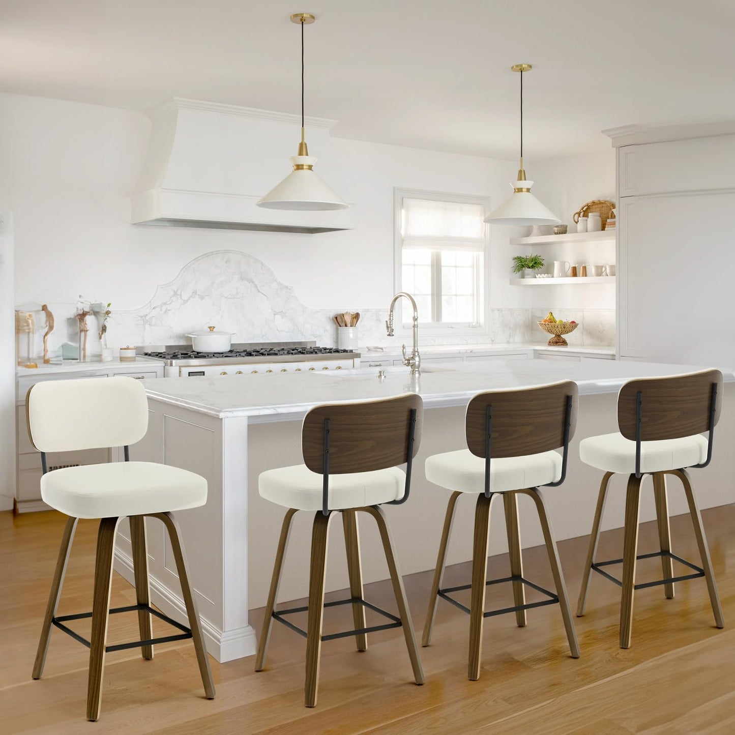 Bekrvio Swivel Counter Height Bar Stools Set of 4, 26" Upholstered Faux Leather Barstools with Back and Bent Wood Legs, Mid Century Modern Bar Chair Island Stool for Kitchen Counter, Cream White