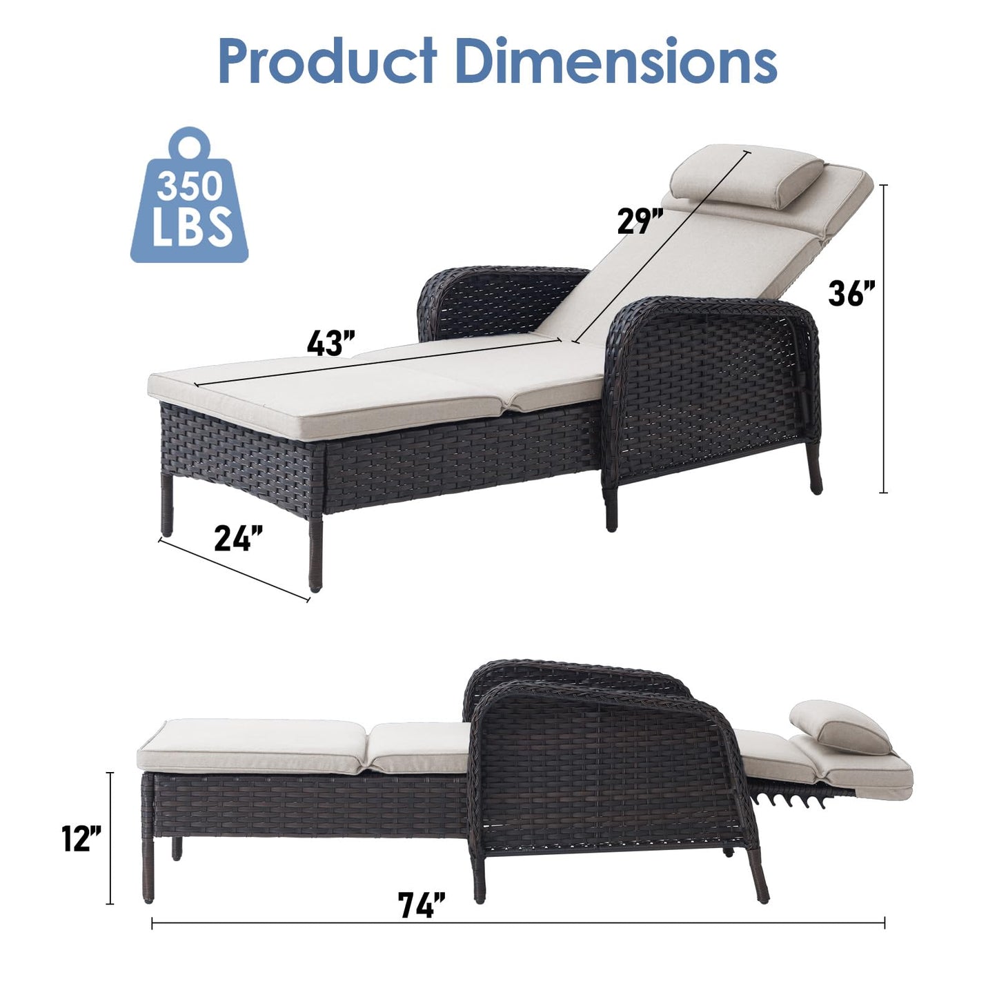 HUMMUH Patio Lounge Chairs Set of 2 - Chaise Lounge Chair with 5-Position Adjustable Backrest Outdoor Chaise for Poolside Beach Garden Deck Sunroom - Brown/Beige