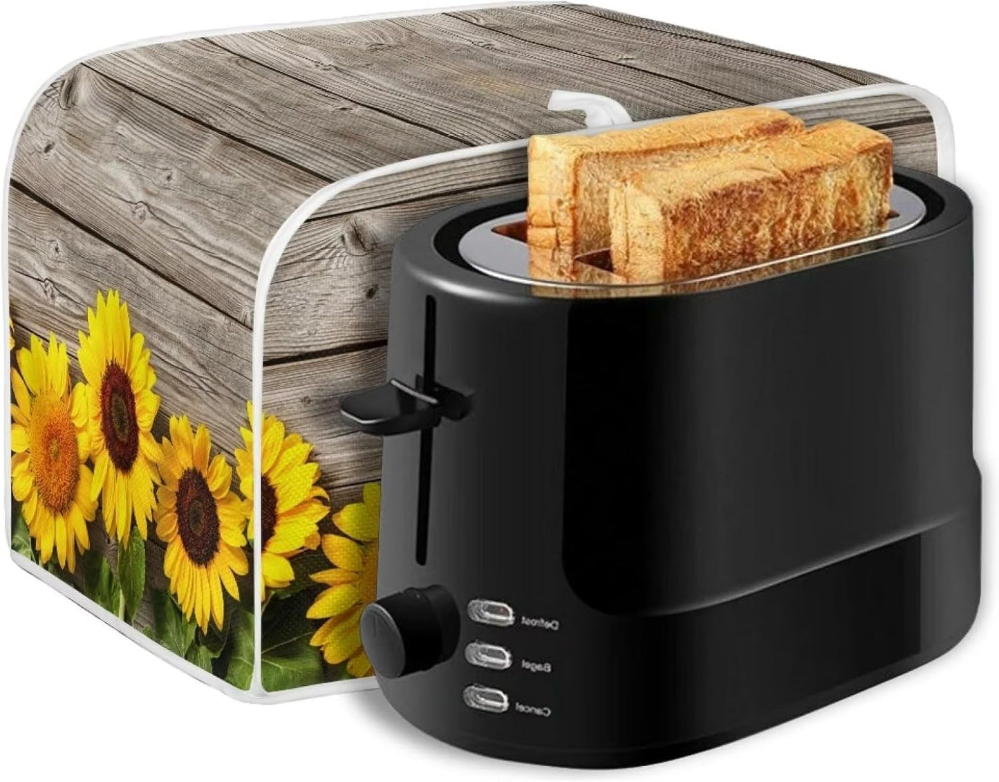 Sunflower Wood Board Toaster Cover, Quilted Polyester for Four Slice Dust Protection with Top Handle