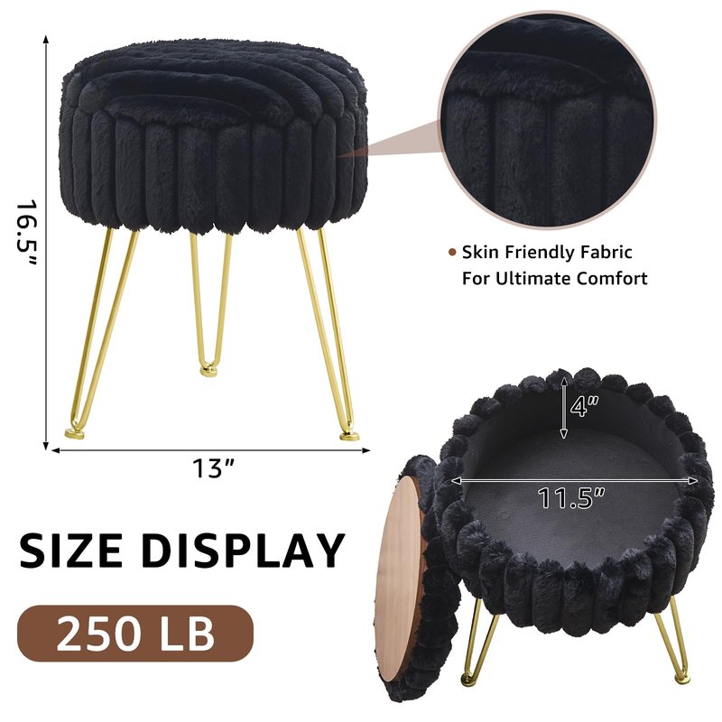 Wimarsbon Vanity Stool with Storage, Faux Fur Ottoman Chair with Metal Legs, Round Makeup Vanity Chair for Bedroom or Dressing Table, Modern Small Ottoman Seat (Black)