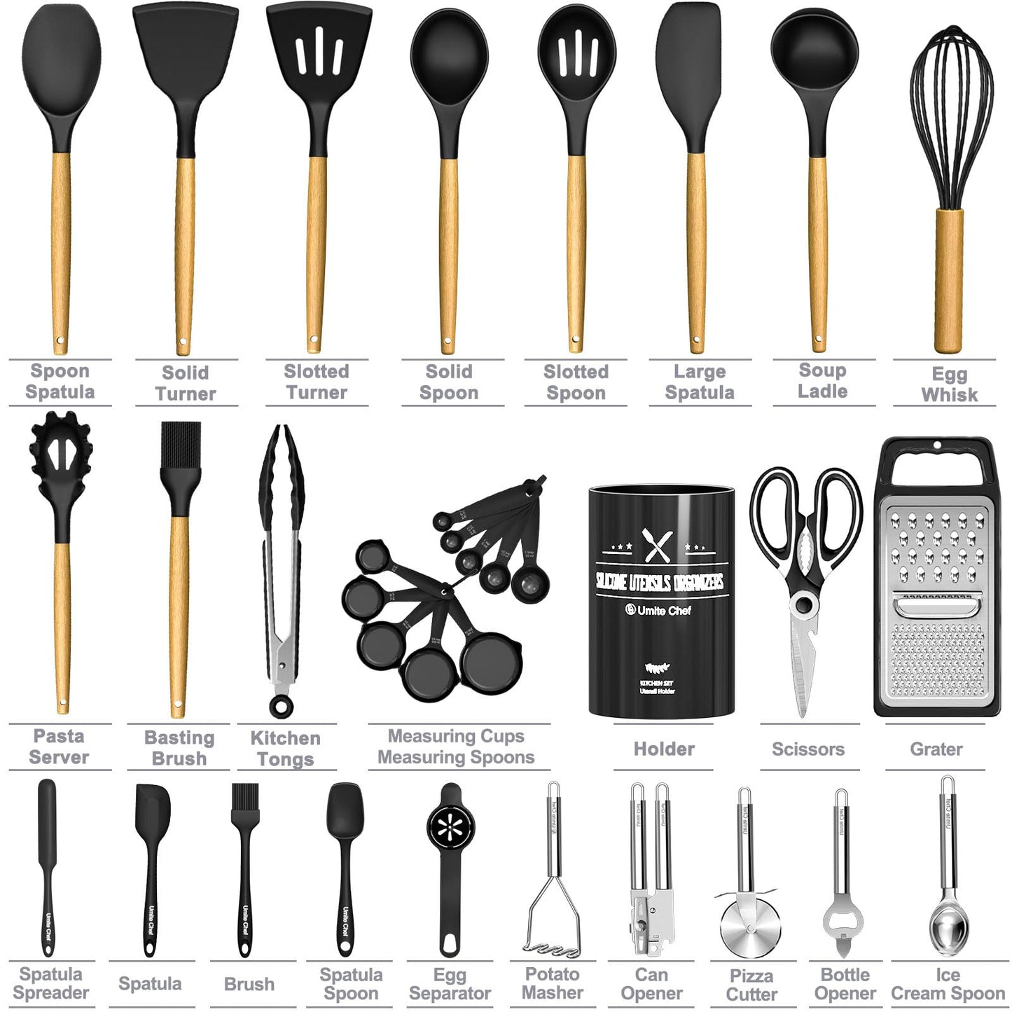 Kitchen Utensils Set- 34PCS Silicone Cooking Utensil with Holder, Umite Chef Heat Resistant Kitchen Spatula Set for Nonstick Cookware, Black Wooden Handles Kitchen Gadgets Tools Set