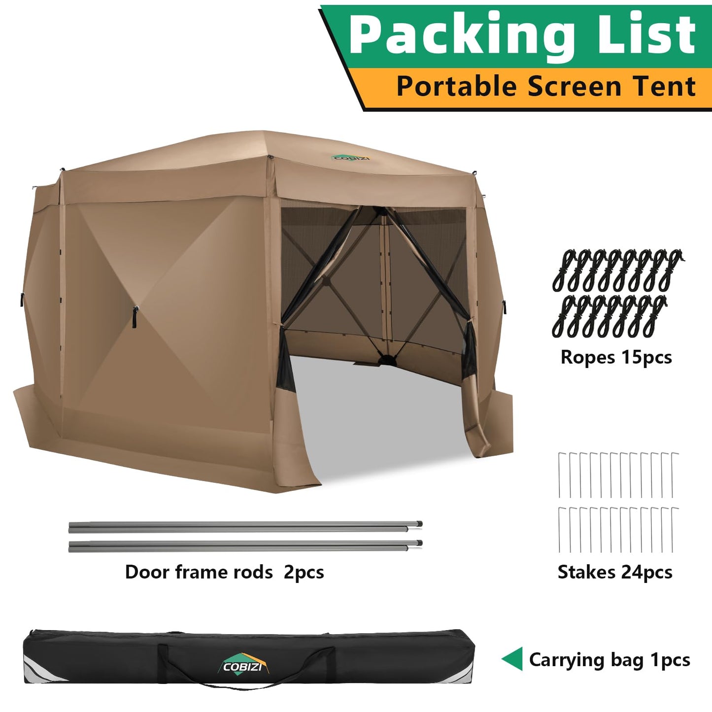 COBIZI 15x15FT Pop Up Gazebo Screen Tent Screen House for Camping, Screen Room with Mosquito Netting, Hub Tent Instant Screened Canopy with Carrying Bag and Ground Stakes, Khaki