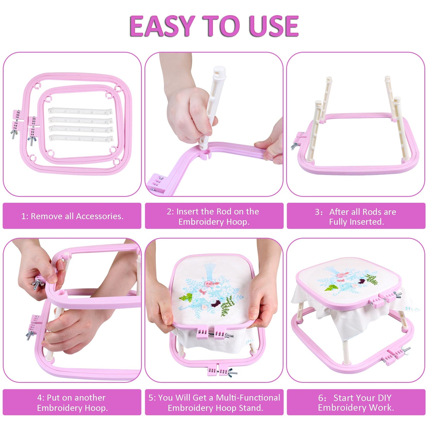 guofa Square Embroidery Hoop Stand,ABS Plastic Cross Stitch Stand, Embroidery Hoop Holder for DIY Craft, Punch Needle Hoop, Sewing Needlepoint Frame Stand (pink)