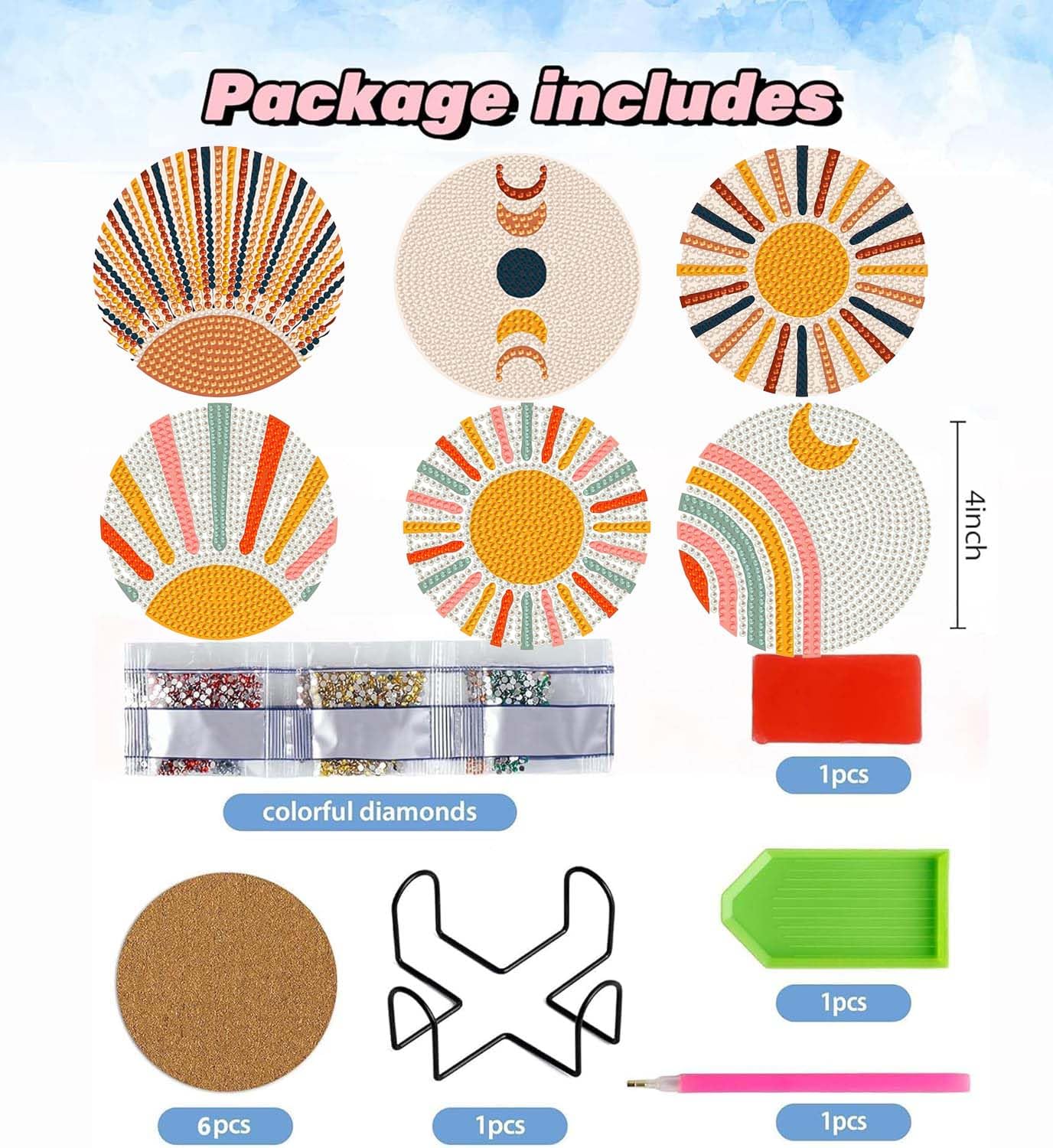 5D DIY Boho Minimalist Sun Moon Diamond Paintings Coasters with Holder for Adults Beginners, 6 pcs Round Full Drill Diamond Art Craft Supplies (Sun Moon QLBD-16)