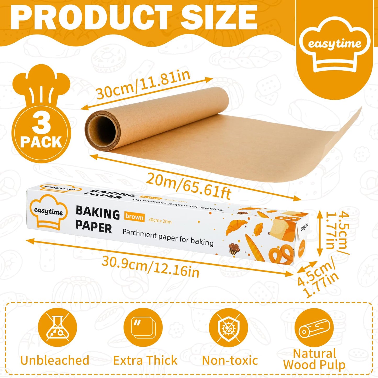 VIVAVENTURE Parchment Paper for Baking, Parchment Paper Rolls 12in x 197ft, 3 Rolls of 12in x 65.6FT, Parchment Paper Built-in Metal Cutter for Baking, Grilling, Air Fryer, Pans and Oven (Unbleached)