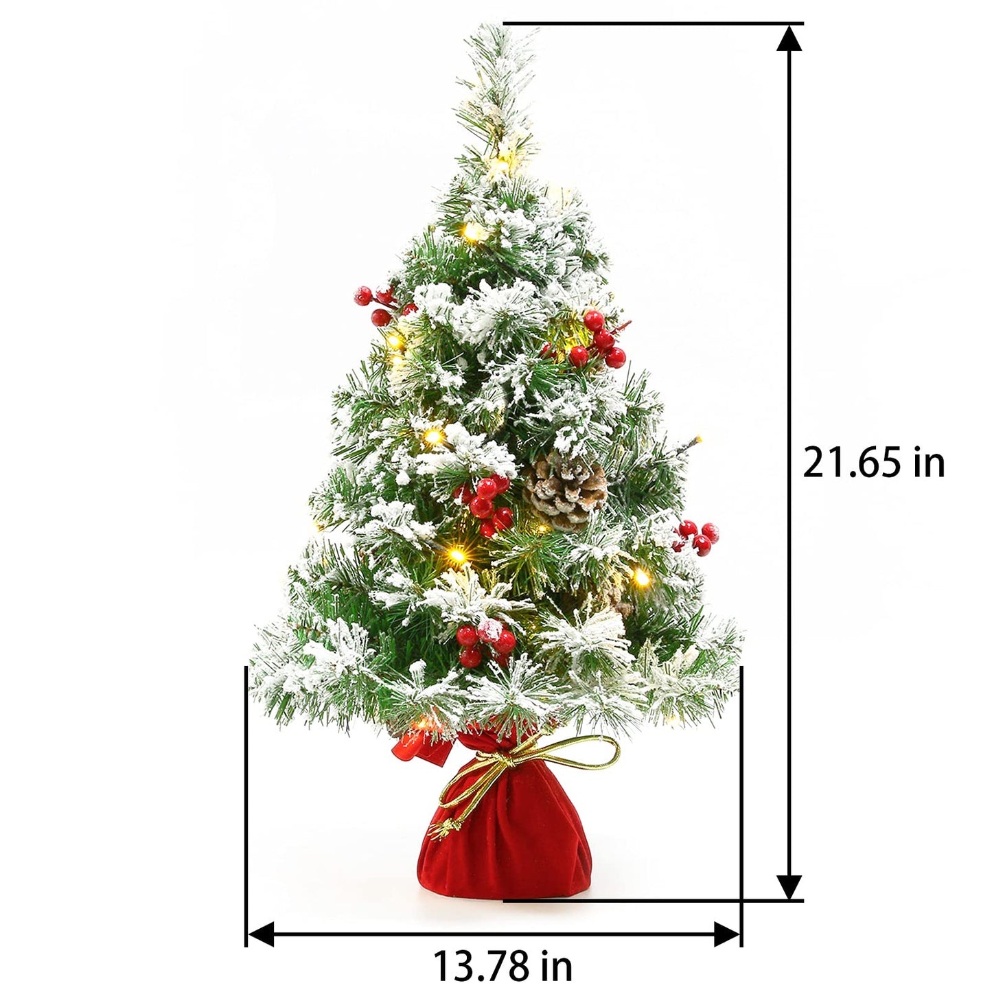 Sunnyglade 21.6 inch Snow Flocked Christmas Tree Artificial Mini Christmas Pine Tree Indoor Tabletop Ornaments Decorations with 30 LED Lights,Red Cloth Base and Pine Cones,White