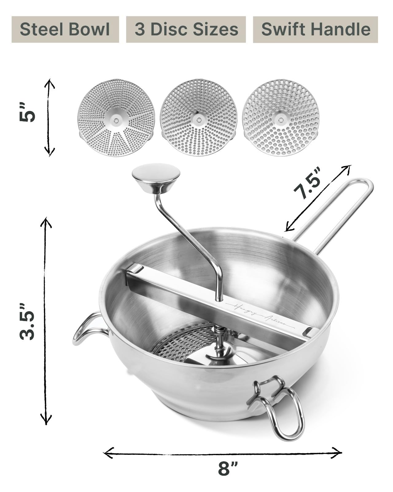Stainless Steel Food Mill with 3 Discs – Ergonomic Rotary Hand Crank for Tomato Sauce, Applesauce, Baby Food, Mashed Potatoes, Puree & Canning