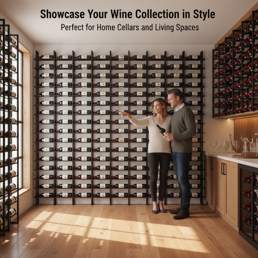 RAJYQODIS Large Wall Mount Wine Rack, 16 Tier 64 Bottle Wine Storage Organizer Display Holder, Metal Liquor Display for Wine Cellars, Home Bars, Kitchens, and Dining Rooms (Black, 64 Bottles)