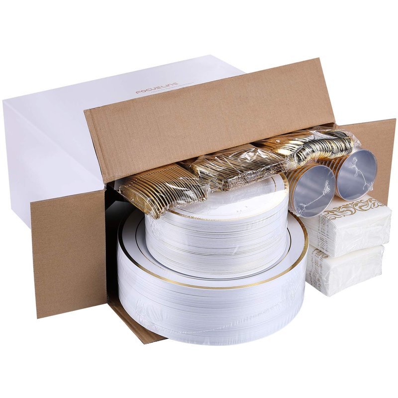 FOCUSLINE 350 Ct Disposable Dinnerware Set for 50 Guests -Heavy Duty Plastic Plates with Gold Rim, Includes 50 Dinner & Salad Plates, Cups, Napkins, Cutlery Set