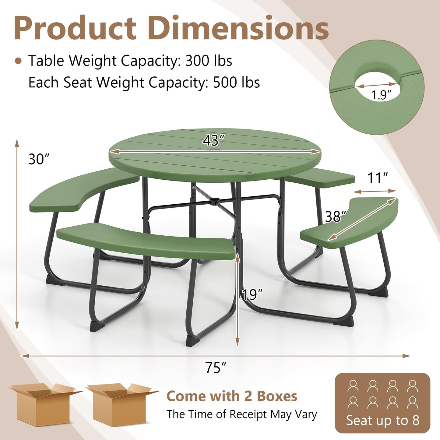 HAPPYGRILL 8-Person Picnic Table Bench Set with Umbrella Hole, 43” Outdoor Dining Table w/4 Benches, Wood-Like Texture Tabletop, Stable U-Shaped Base, Round Table for Backyards, Green