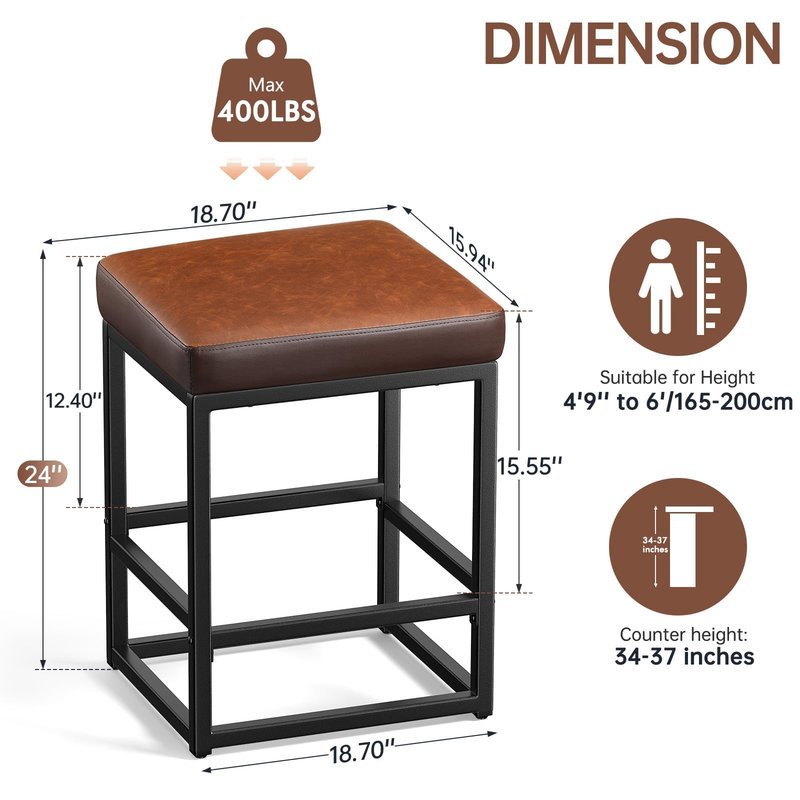 Raynesys Counter Height Bar Stools Set of 2, 24" Barstools for Kitchen Countertop, Faux Leather Counter Stools with Thick Square Seats & Sturdy Metal Base, Simple Assembly, Brown
