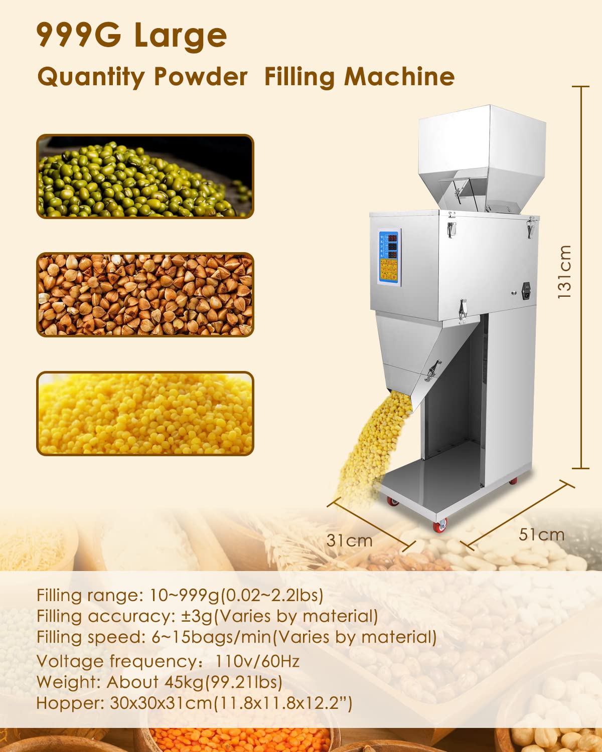 Hanchen Powder Filling Machine 10-1000g Particle Weighing Filling Machine Automatic Bottle Bag Powder Filler for Grains Seeds Beans Tea Powder 110v