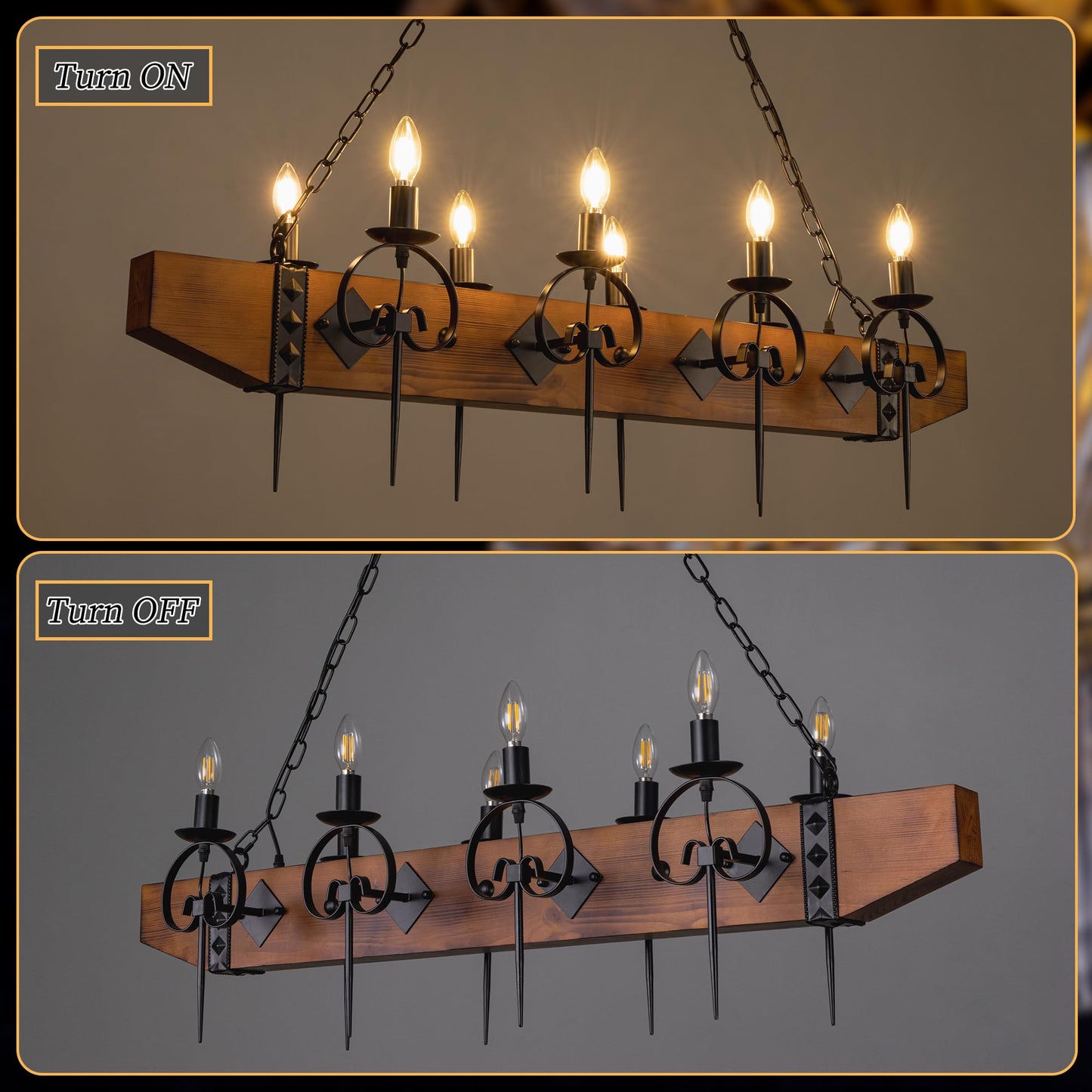 TOCHIC 48 Inch Black Farmhouse Chandelier, 8-Light Rustic Wood Chandeliers for Dining Room, Western Kitchen Pendant Lighting Over Island, Large Ceiling Light Fixture for Living Room, Bedroom, Bar