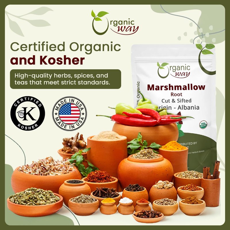 Organic Way Marshmallow Root | Herbal Tea (Althaea officinalis) Cut & Sifted - European Wild-Harvest | Organic & Kosher Certified | Non GMO & USDA Certified | Origin - Albania (1/4LBS / 4Oz)