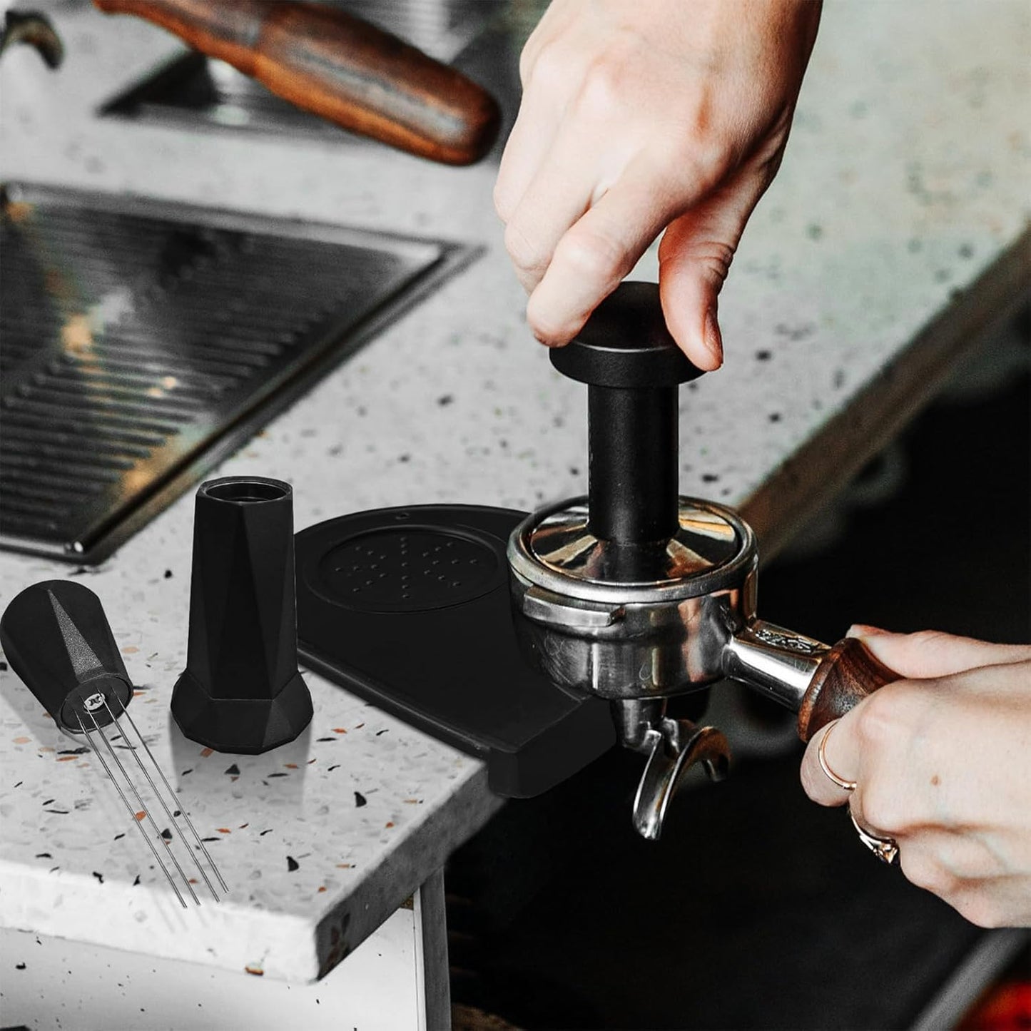 Coffee Espresso Tamper Set, 51mm Espresso Tamper, WDT Tool, Dosing Funnel, Silicone Gel Tamper Mat