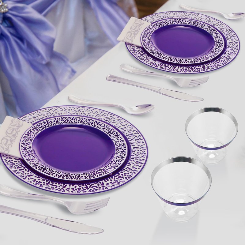 Norme 350 Pcs Purple Silver Plastic Dinnerware Set for 50 Guests Includes 50 Dinner Plates 10.2", 50 Plates 7.5", 150 Silverware Set, 50 Plastic Cups and 50 Napkin Disposable Plate for Wedding