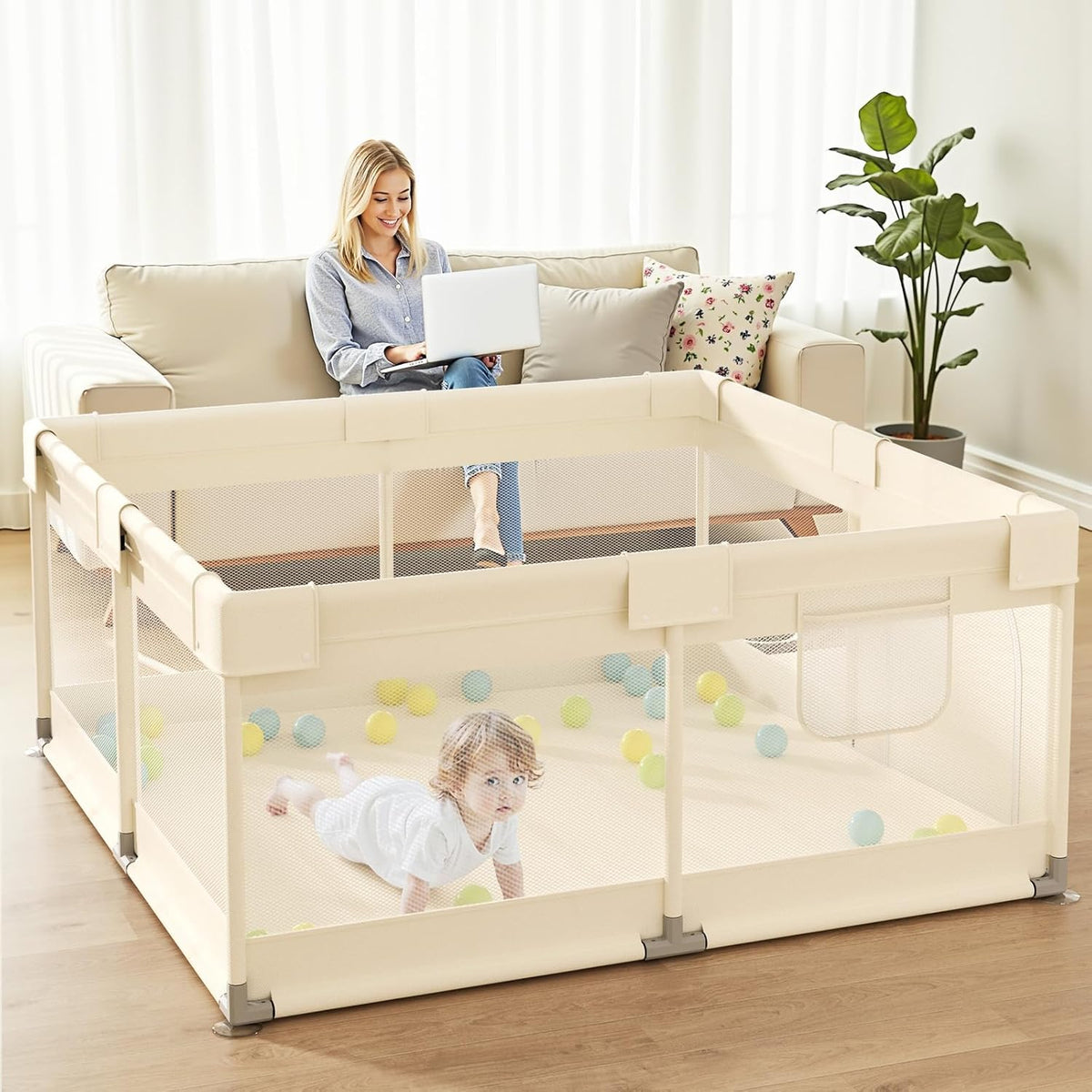 Uanlauo Baby Playpen - Safe 47x47in Indoor Playpen for Babies & Toddlers with Storage Bag & Breathable Mesh