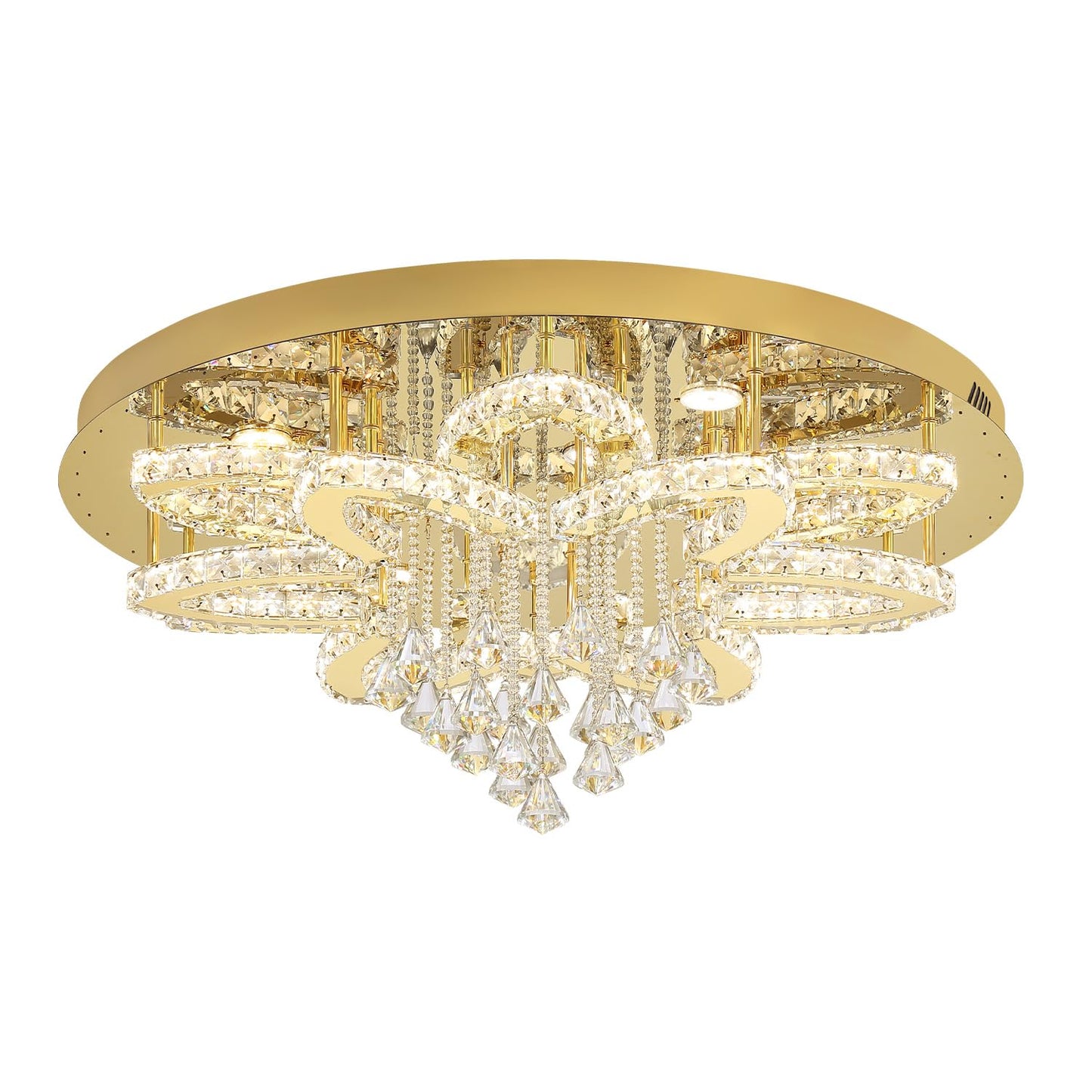 Flashing God 32'' Modern Crystal Chandeliers for Living Room Crystal Ceiling Light Fixture LED Dimmable Pendant Lighting Flush Mount Ceiling Chandelier for Dining Room Bedrooms Foyer Gold