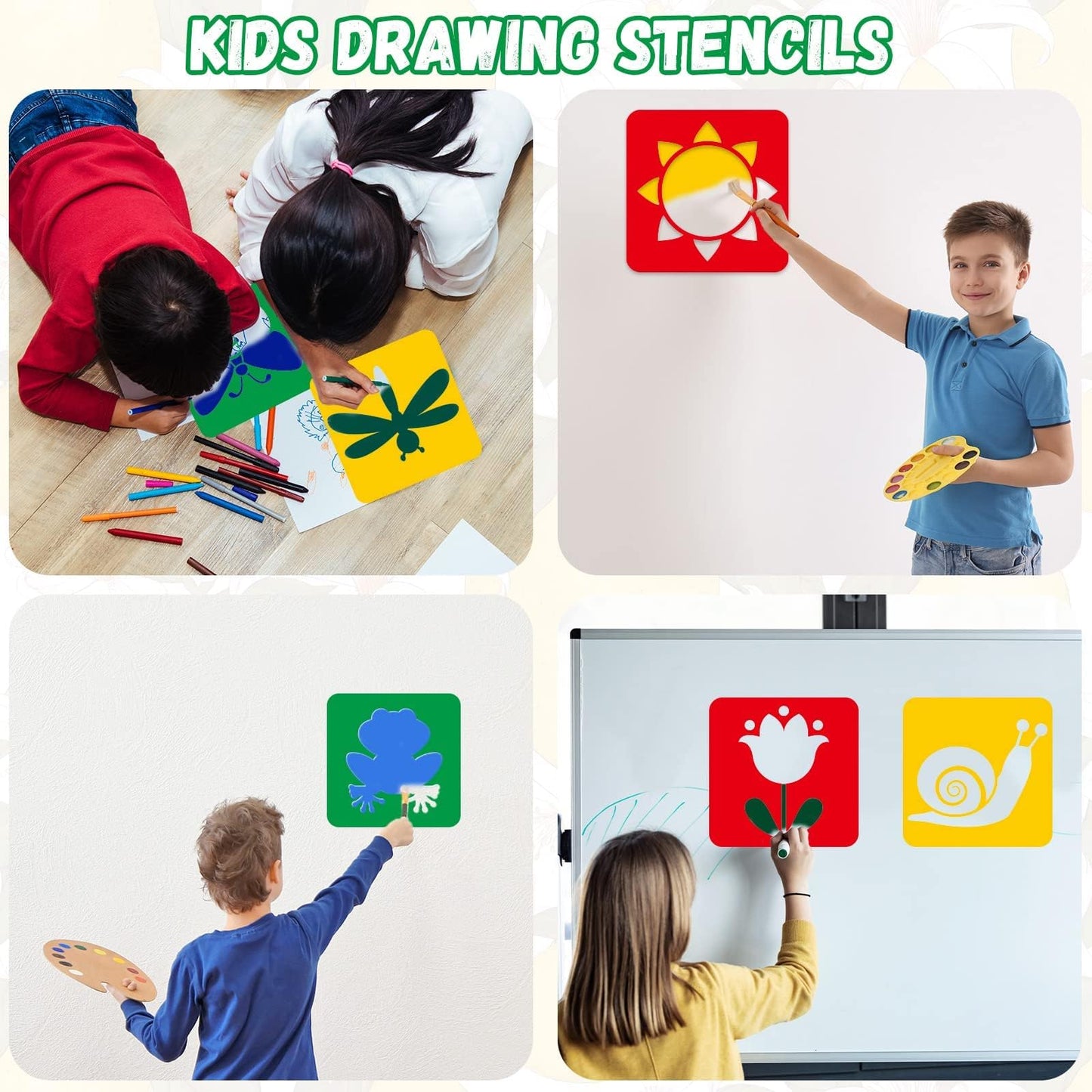 36pcs Spring Summer Drawing Stencils for Kids 8 Inch Sidewalk Chalk Stencils Painting Large Washable Reusable Garden Themed Primary Shape Template for Kids Toddlers Preschool Back to School