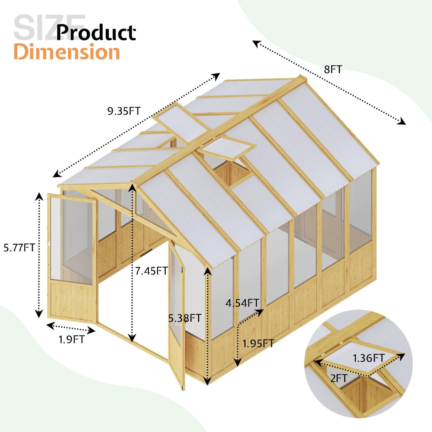 Jocisland 8x9.5x7.5 Ft Wooden Greenhouse, Pre-Assembled Solid Cedar Frame, Walk-in Design, Lockable Door, Adjustable Roof Vents, Polycarbonate Panels for Outdoor, Garden, Backyard