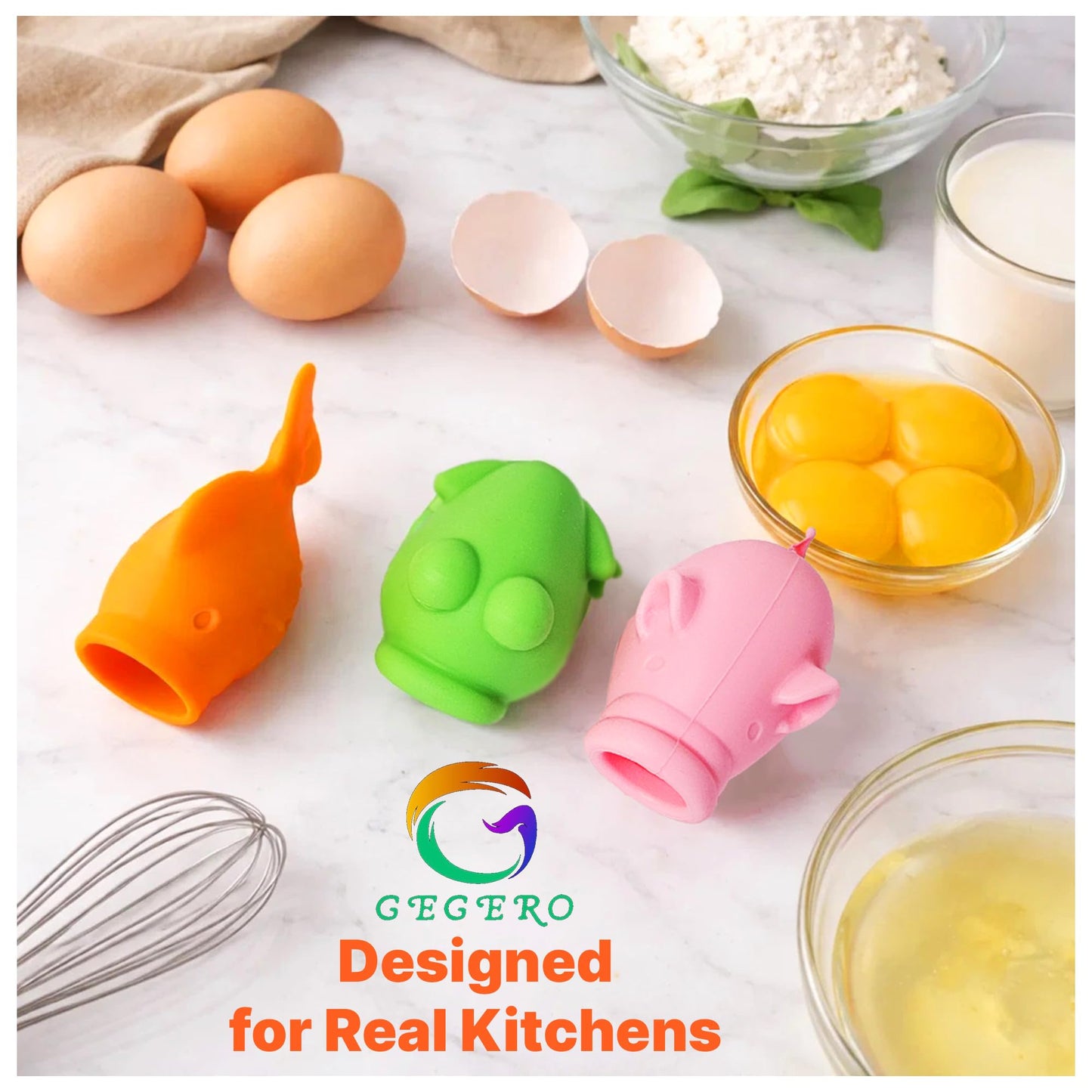 GEGERO Egg Yolk Separator, Food Grade Silicone, Dishwasher Safe Kitchen Gadget for Cooking/Baking. Swallow and Release Raw Egg Yolk from White, Quick & Mess-free, Pack of 3 (Pig, Fish & Frog Design)