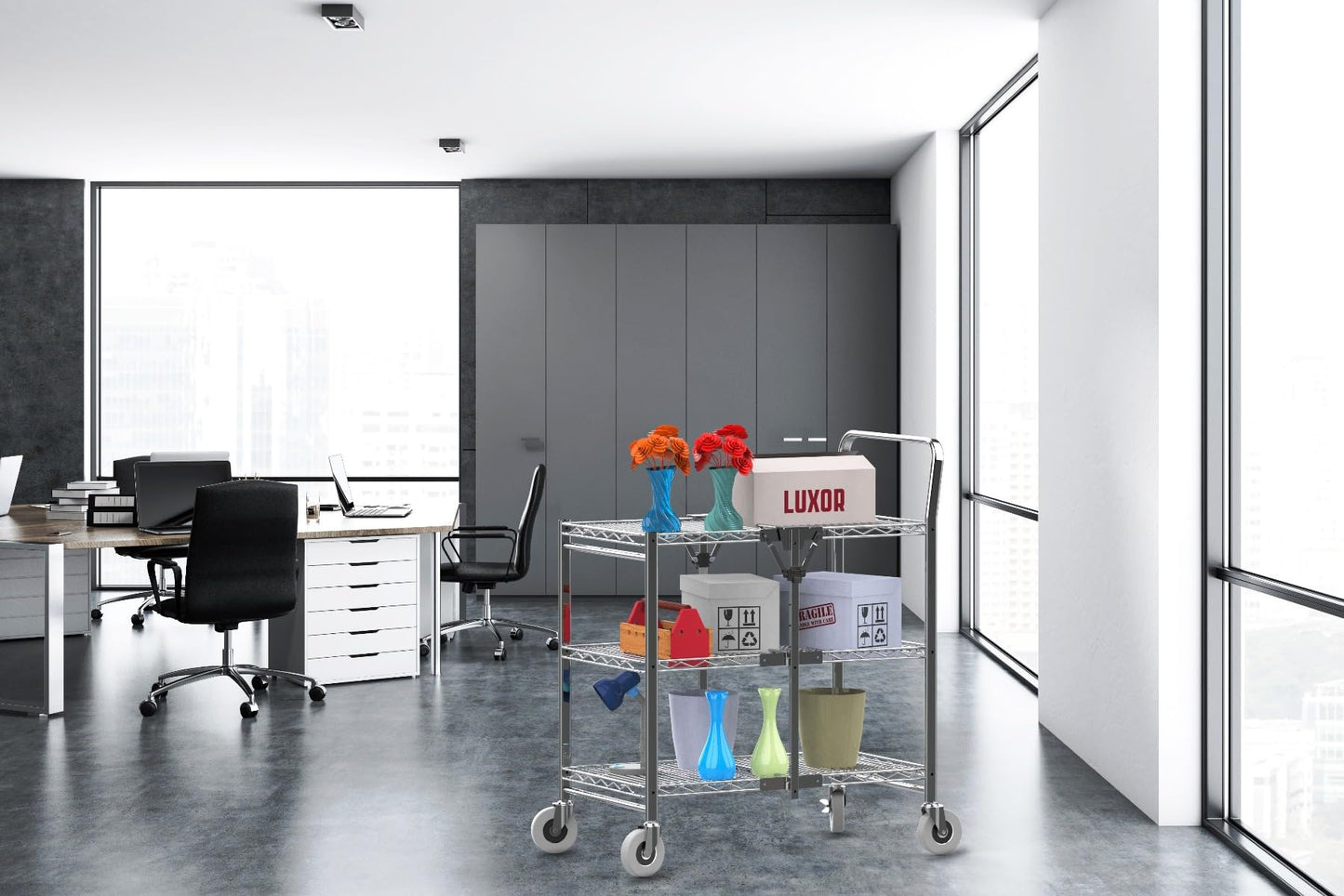 Luxor WSCC-3 Three-Shelf Collapsible Wire Utility Cart, Push Heavy Duty, 4" Thermoplastic Rubber Casters Two with Locking Brakes,Holds 300 lbs. and Folds Up for Storage, 37"W x 18.25"D x 30.5"H