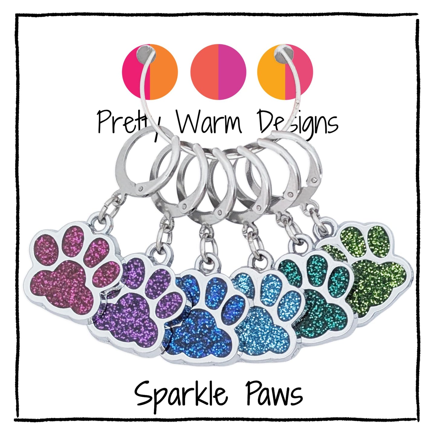 Pretty Warm Designs Sparkly Paw Print Crochet Stitch Markers - Dog and Cat Pet Lover Progress Keepers for Amigurumi - Set of 6 Handmade Accessories in Hinged Storage Tin