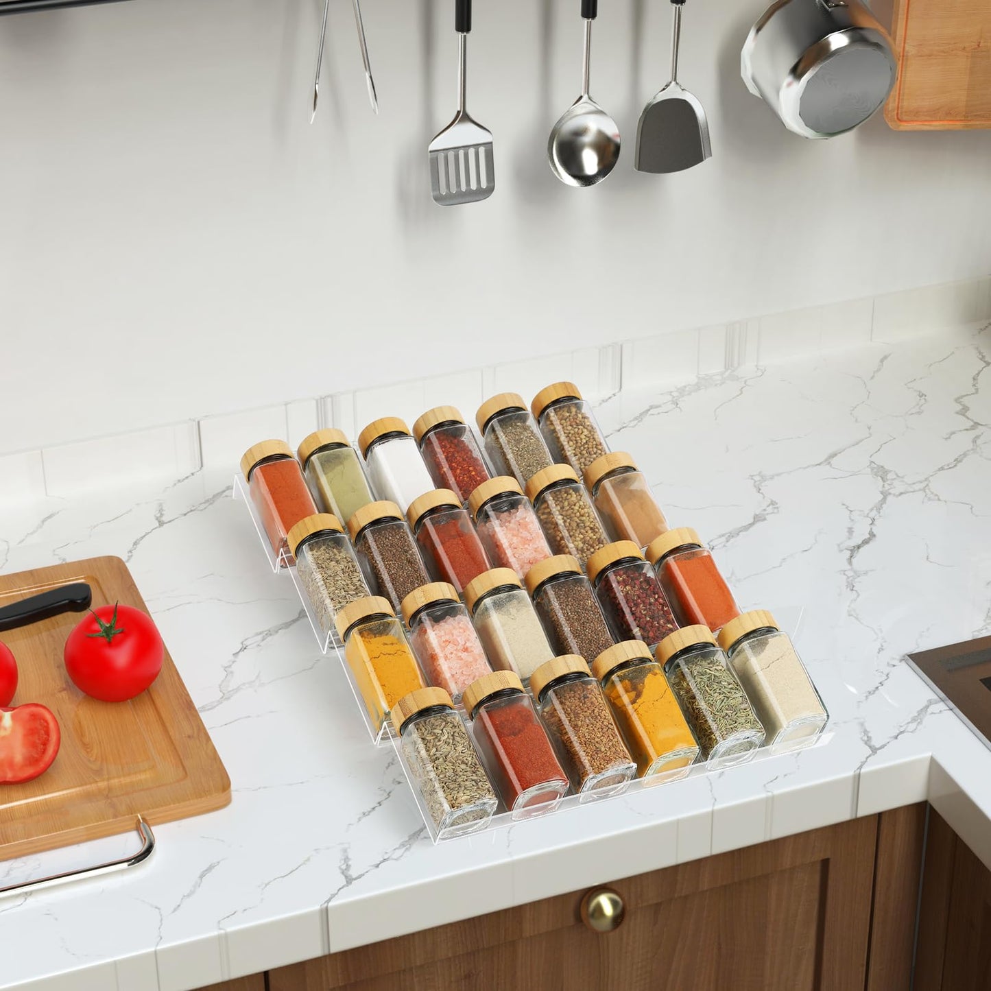 Suneerplay Spice Drawer Organizer 4 Tier, Acrylic Seasoning Organizer Rack, Clear Spice Rack Tray, Kitchen Seasoning Jars Drawers Insert (Jars Not Included/Expandable From 13" to 26")