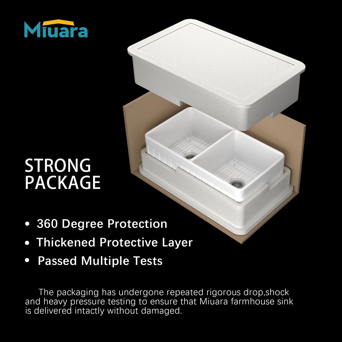 Miuara Farmhouse Sink Double Bowl 33 Inch - White Apron Front Kitchen Sink Reversible 33"x18", Undermount Farm House Style Dual Basin 50/50, Heavy Duty Solid Fireclay, for Kitchen