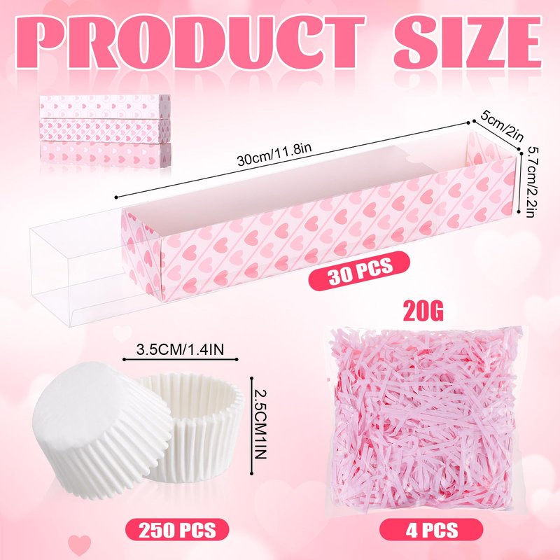 Reallnaive 30 Sets Mother's Day Chocolate Strawberries Boxes with Clear Window 30 Pcs Bakery Macaron Box 250 Pcs Paper Food Tray 4 Bags Raffia Gift for Mother's Day 12 x 2.2 x 2 Inch(Elegant Style)