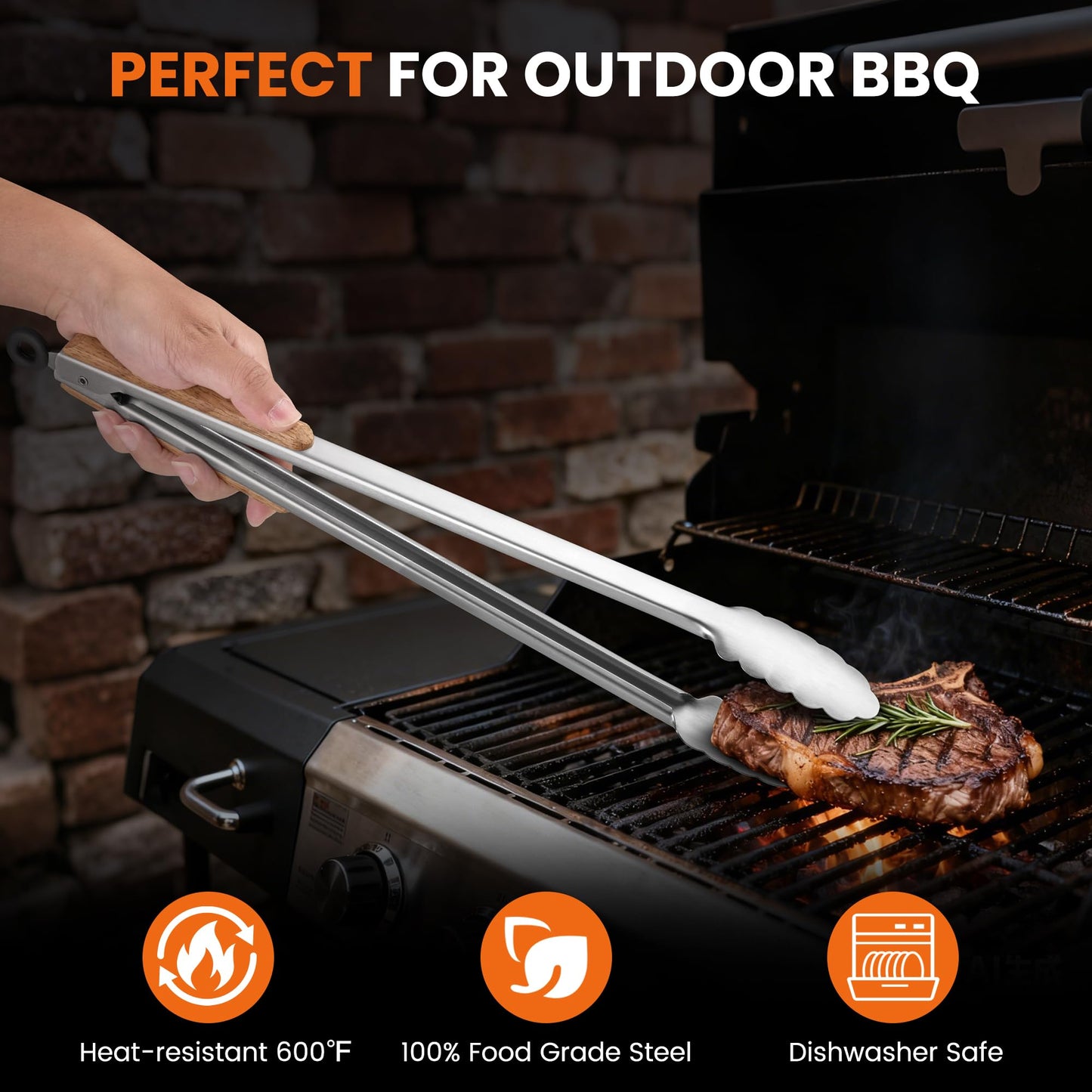 17-Inch Grill Tongs - Locking Metal Tongs with Oak Wood Handles,Stainless Steel Kitchen Tongs for Cooking,Long Tongs for Grilling,BBQ,Serving and Outdoor Barbecue,Heavy Duty,Heat-Resistant and Durable