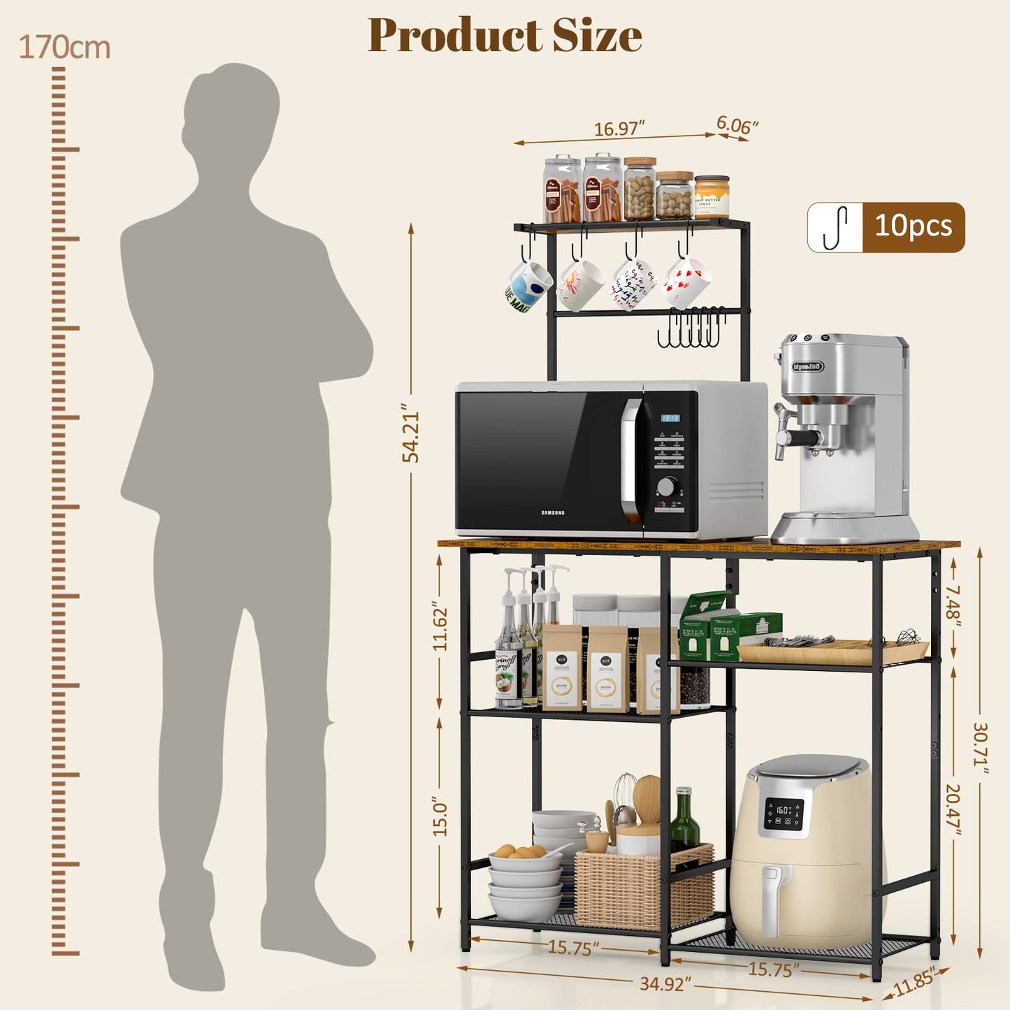 3IngSeagulls Baker's Rack for Kitchen with Storage, Microwave Stand with Adjustable Shelves and 10 S Hooks, 6-Tier Coffee Bar Station, Kitchen Shelves for Spices, Pots, Rustic Brown