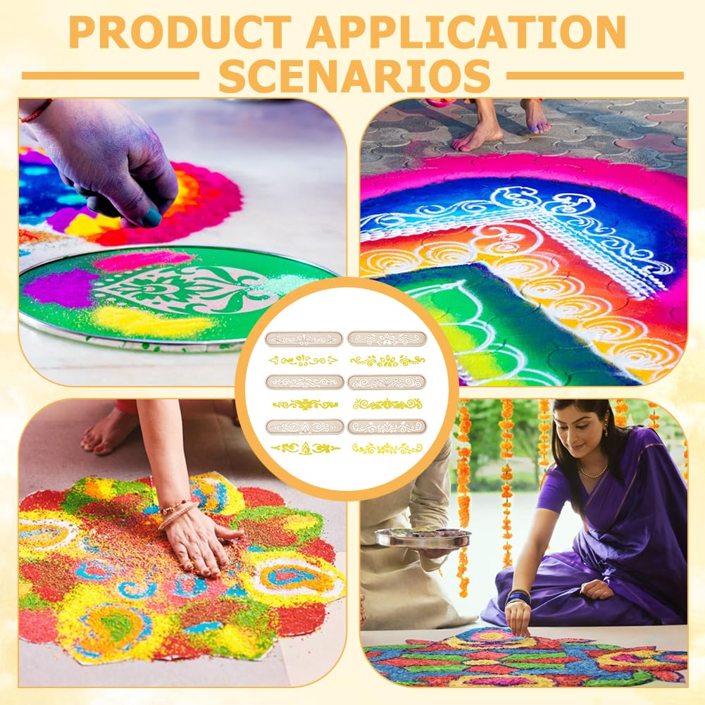 BENECREAT 6 Pack Wooden Diwali Rangoli Stencils for Painting, 6 Styles Mandala Stencils for Home Decor DIY Art Projects, 11.8x2.4 Inch