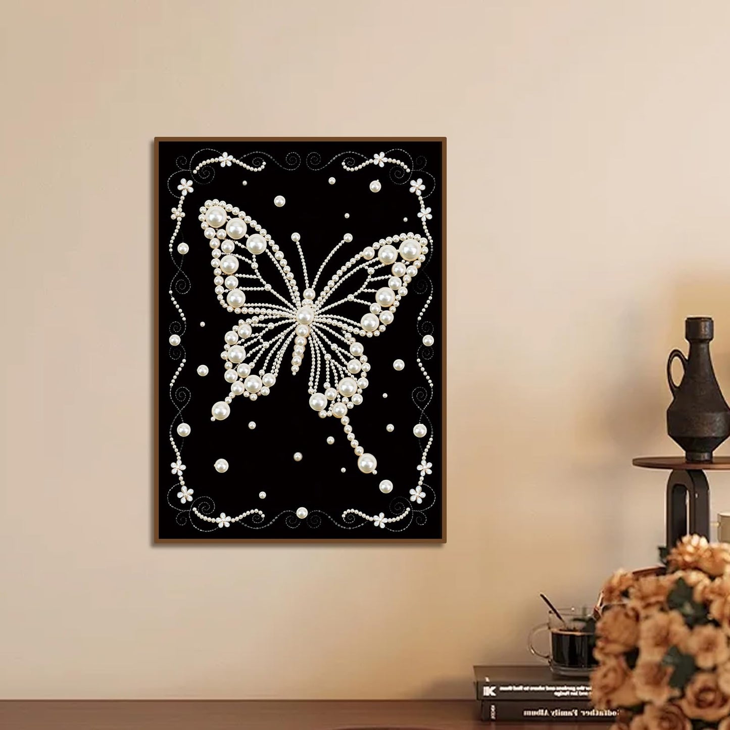 MVVMTOP Pearl Diamond Painting Kits for Adults Beginners, 5D DIY Butterfly Diamond Art with Half Round Pearl Drills and Crystal Rhinestones, Sparkling Diamond Dots Craft for Home Wall Decor