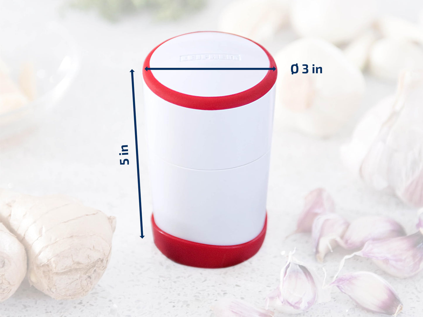 Leifheit Gourmet Garlic Slicer, Stainless Steel Blades, ABS Plastic Body, Twist-to-Slice Design, Safe for Garlic, Ginger, Cheese, Chocolate, Dishwasher Safe, German Quality, White/Red